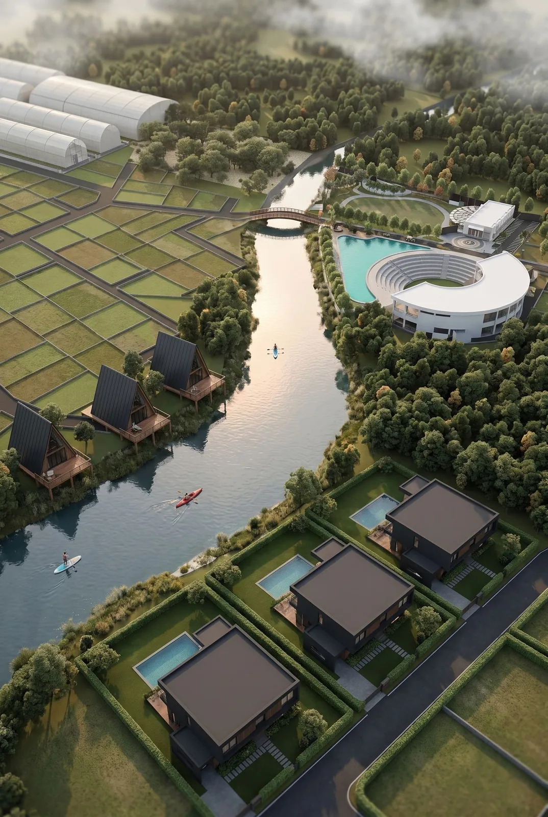 Aerial of Lonavalley showing plots, the canal with kayaks, roads and amenity zones