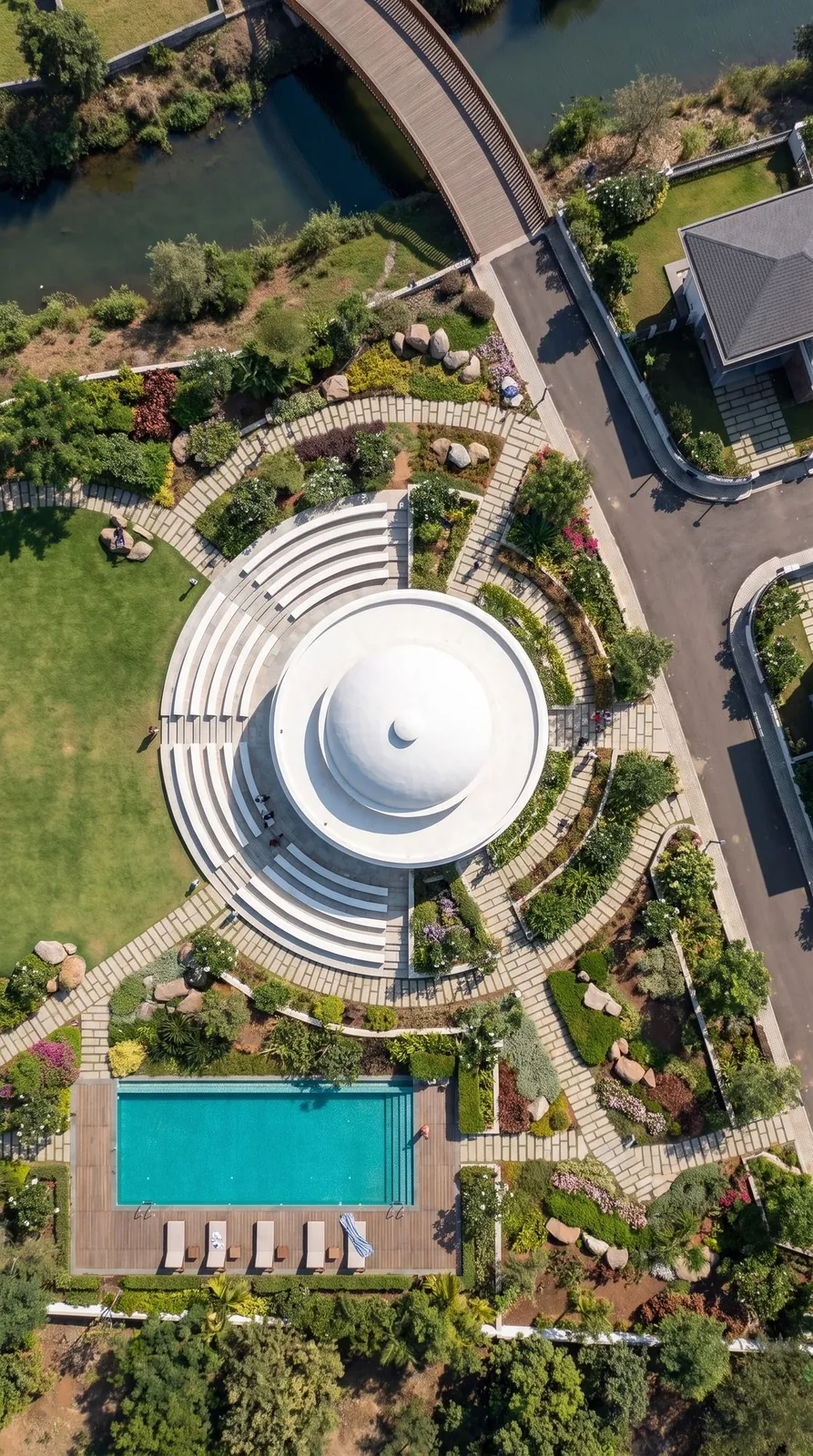 Aerial of the domed clubhouse and circular drive
