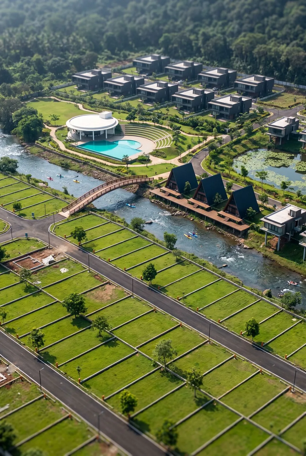 Aerial view of the plotted community and shared green spaces at Lonavalley