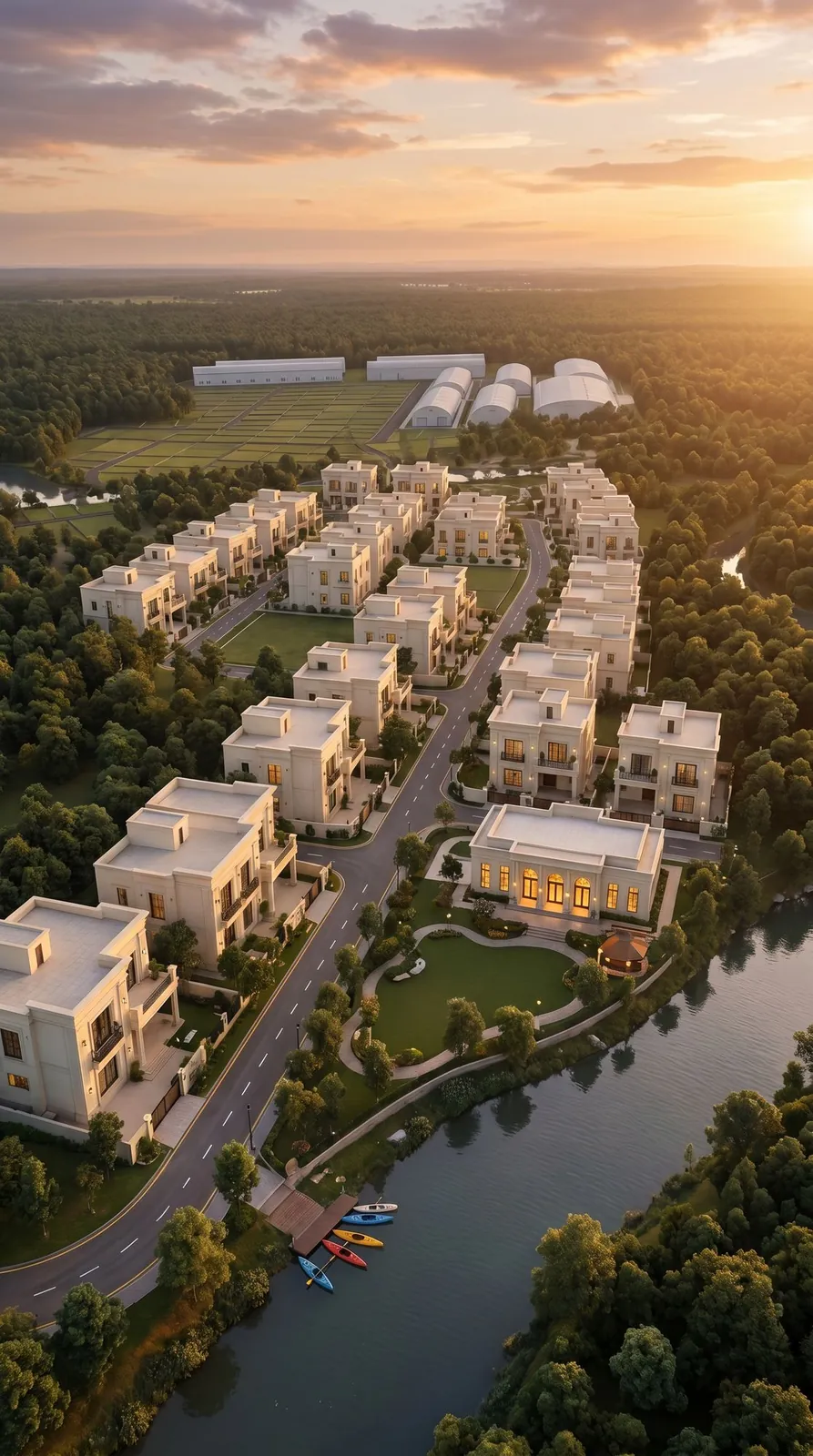 Golden-hour aerial of Lonavalley by the river