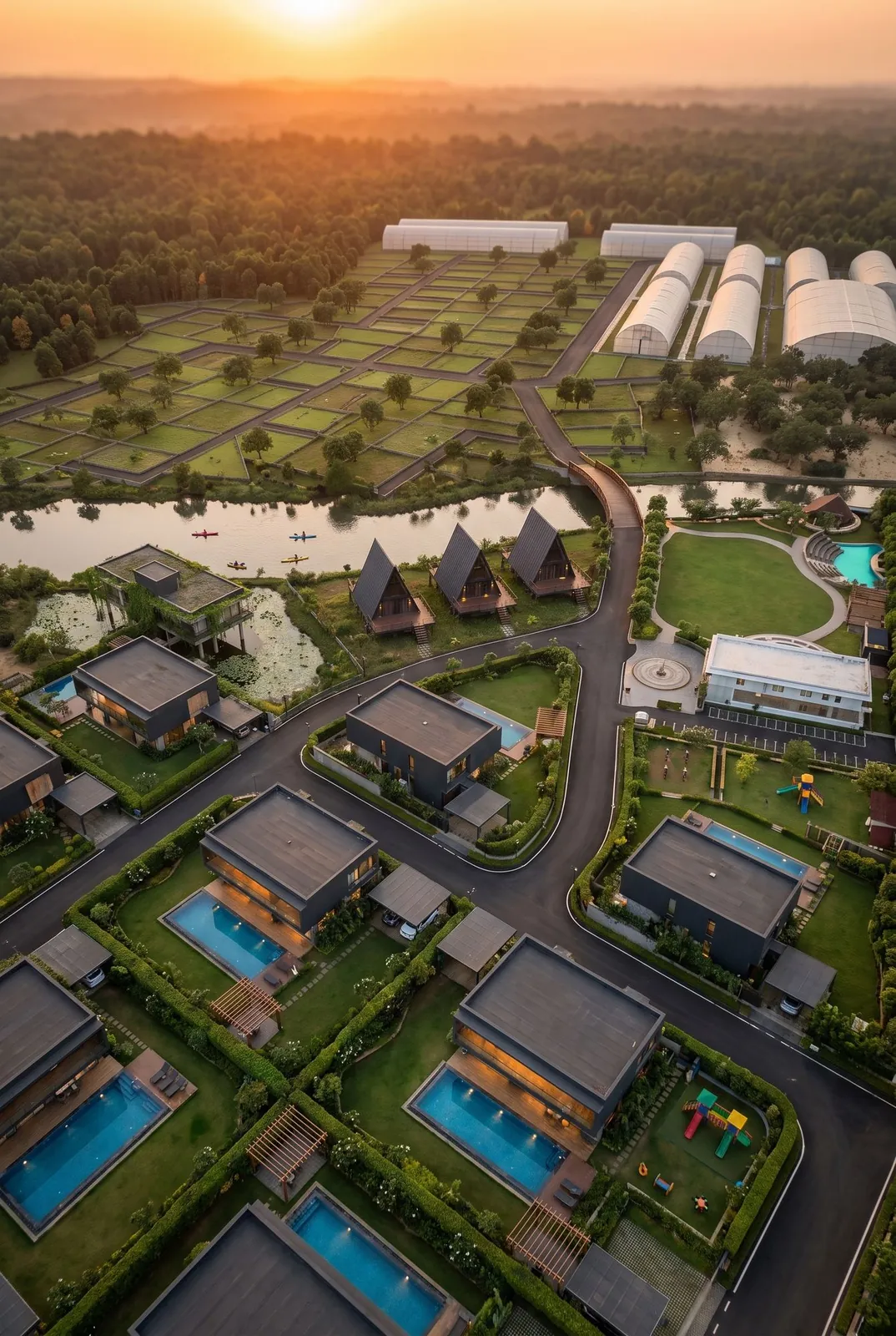 Golden-hour aerial of villas with private pools at Lonavalley