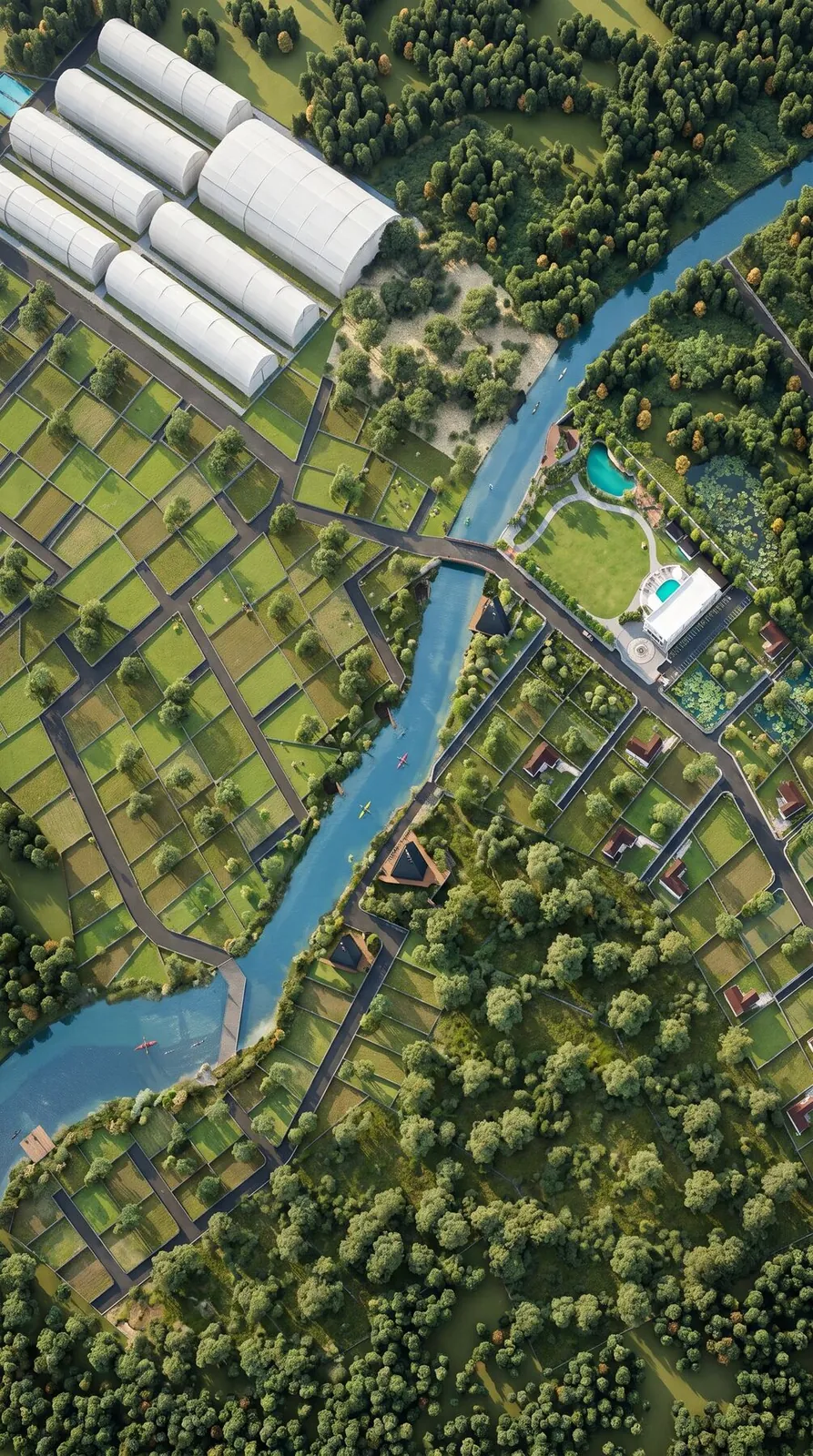 Top-down aerial of the plots and the river threading through Lonavalley
