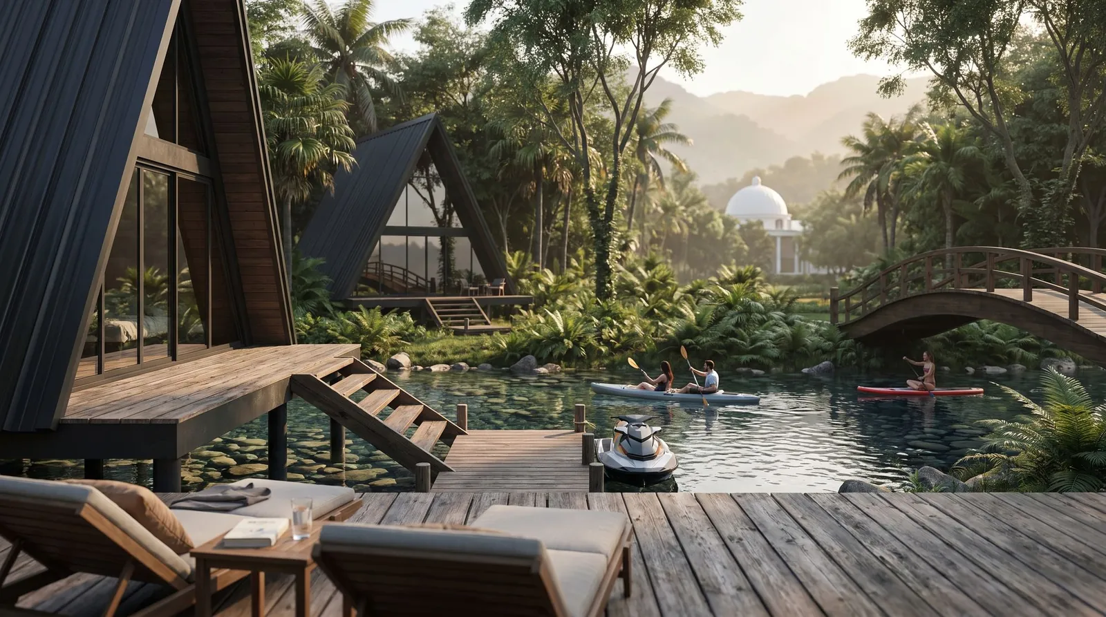 A-frame lakehouse by the water at dusk
