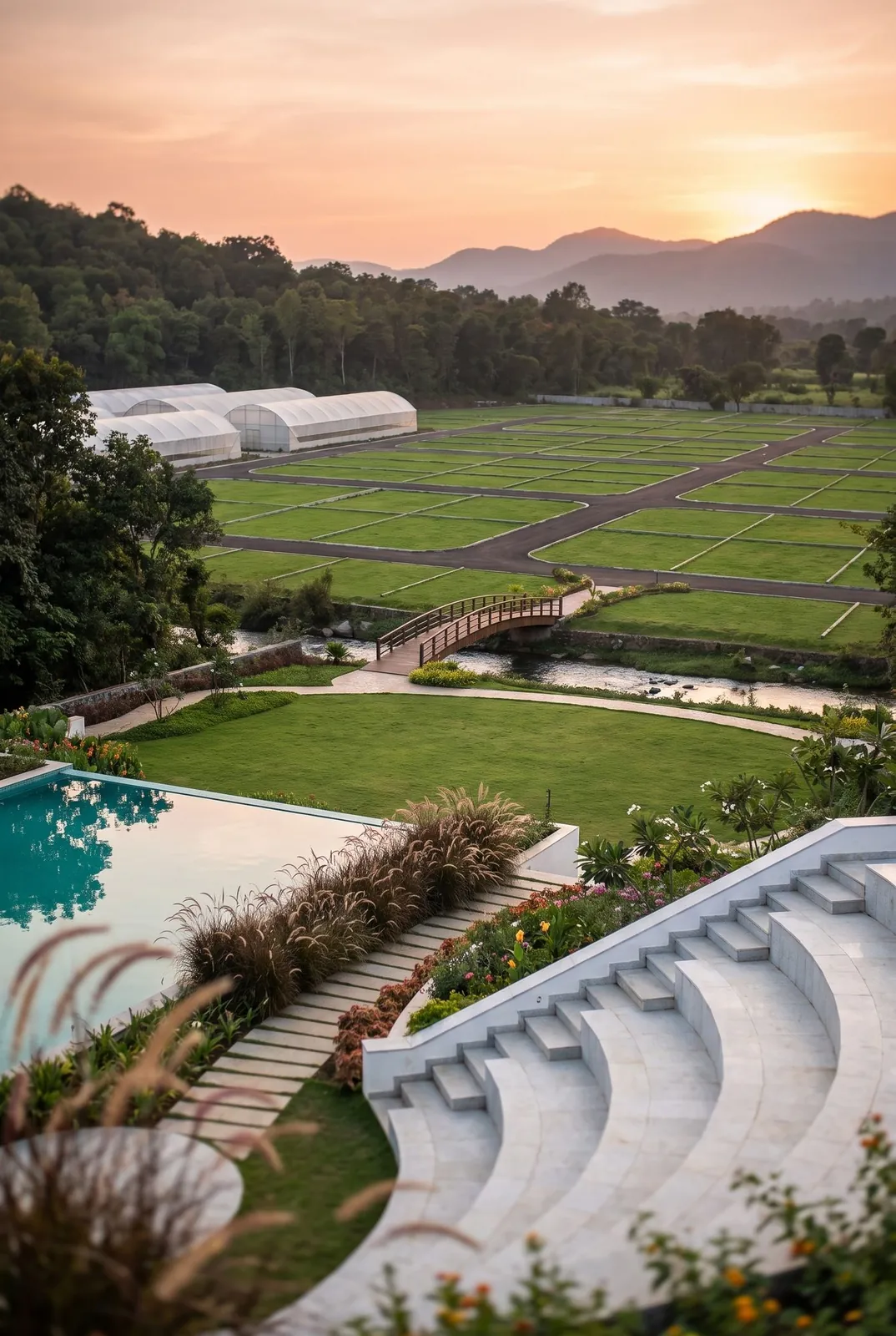 Terraced event lawn and open-air amphitheatre at sunset at Lonavalley