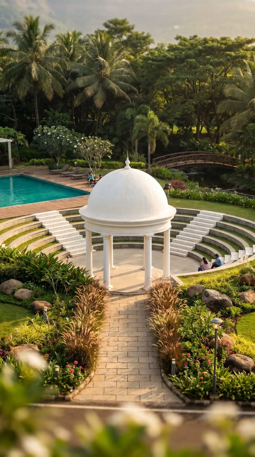 The domed clubhouse pavilion, pool and gardens at Lonavalley