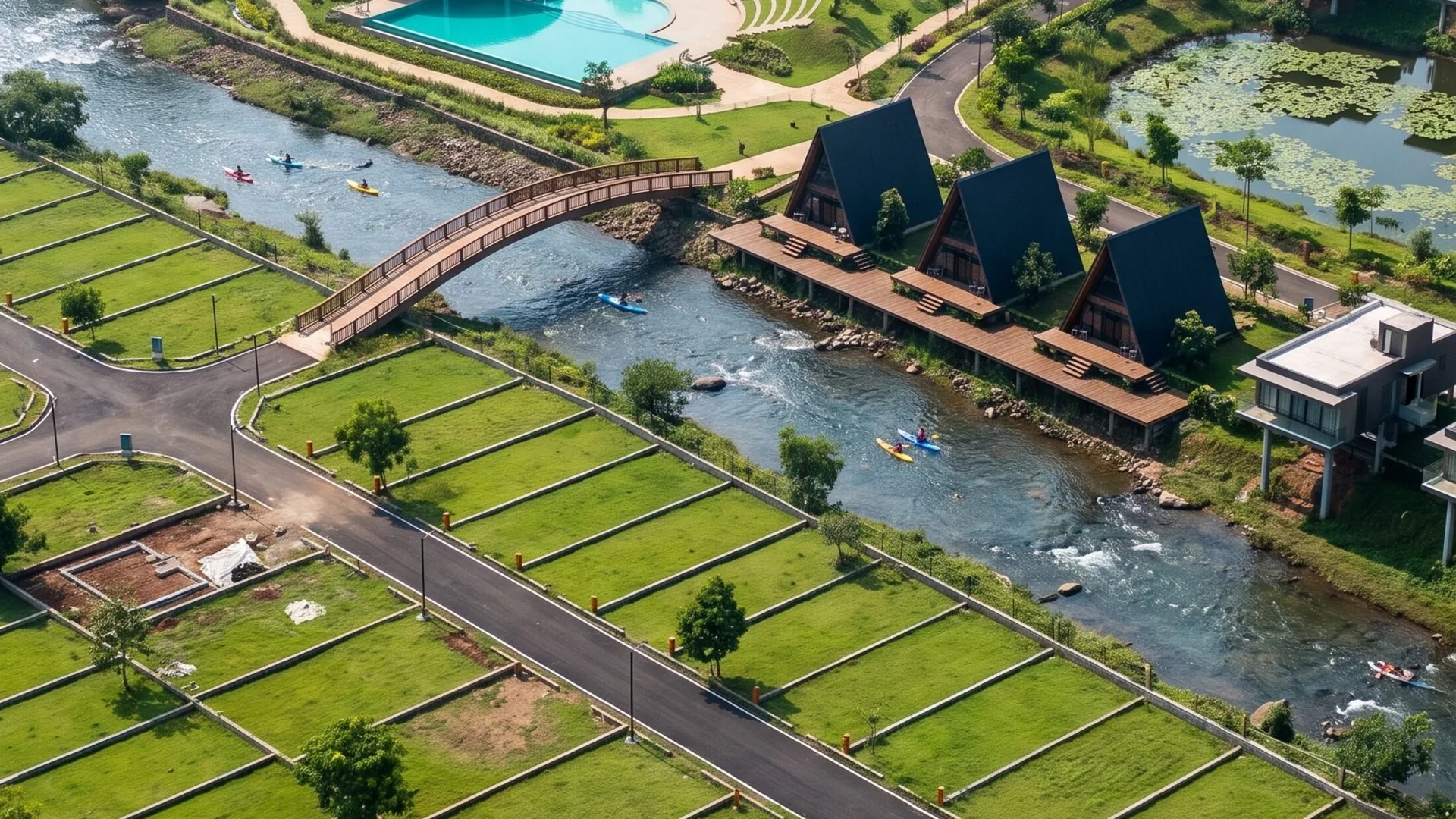 Golden-hour aerial of villas with private pools at Lonavalley, Kamshet