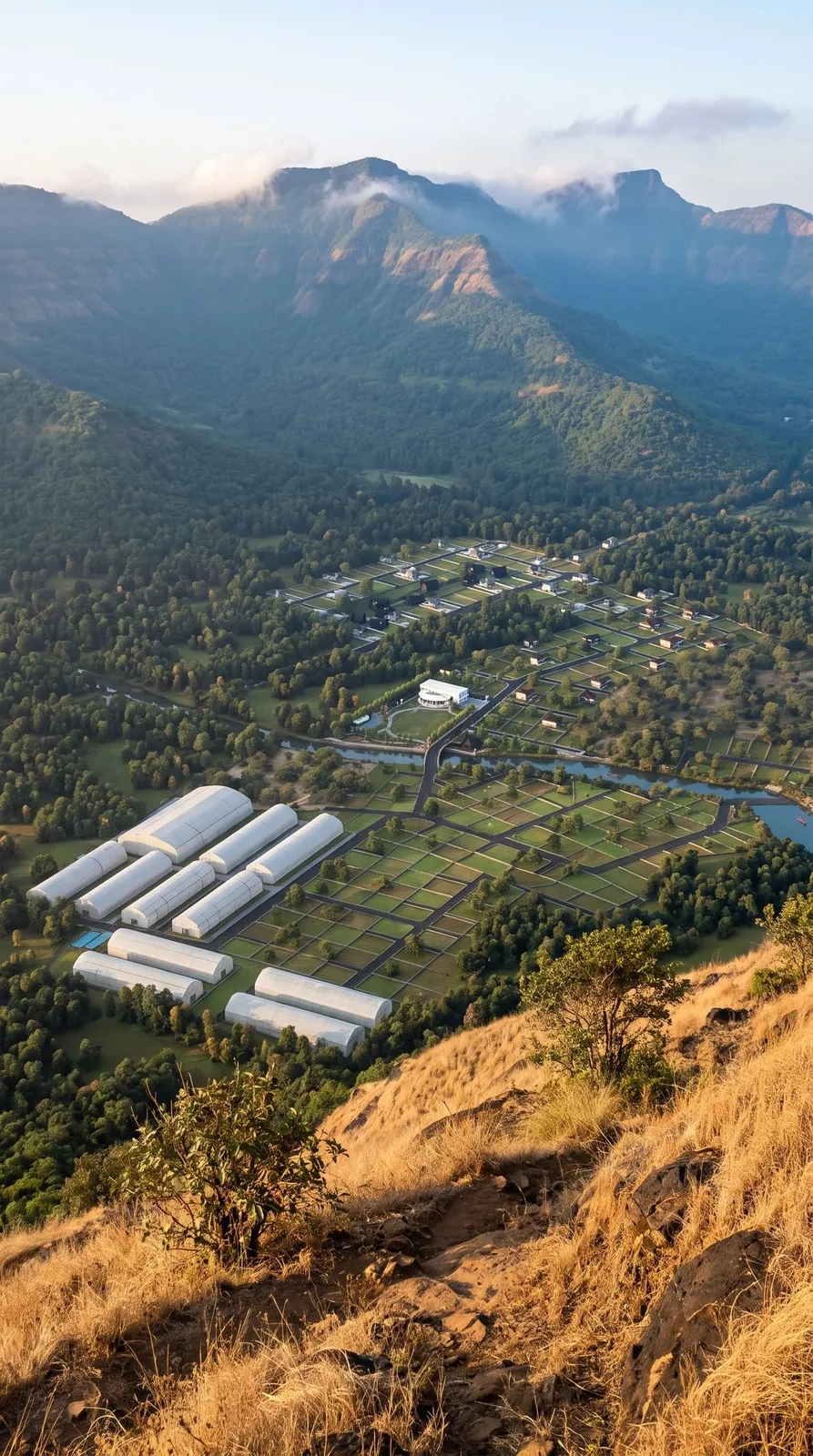 Organic-farming greenhouses below the Sahyadri peaks at Lonavalley
