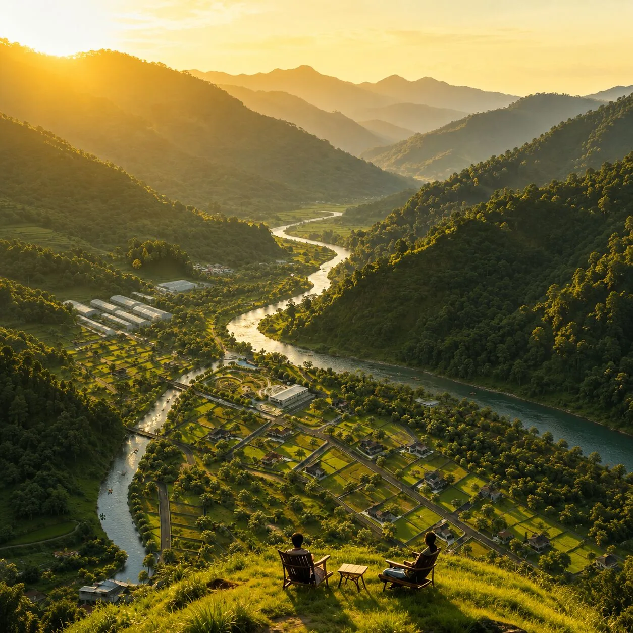 Sunrise mist over the Lonavalley river and hills