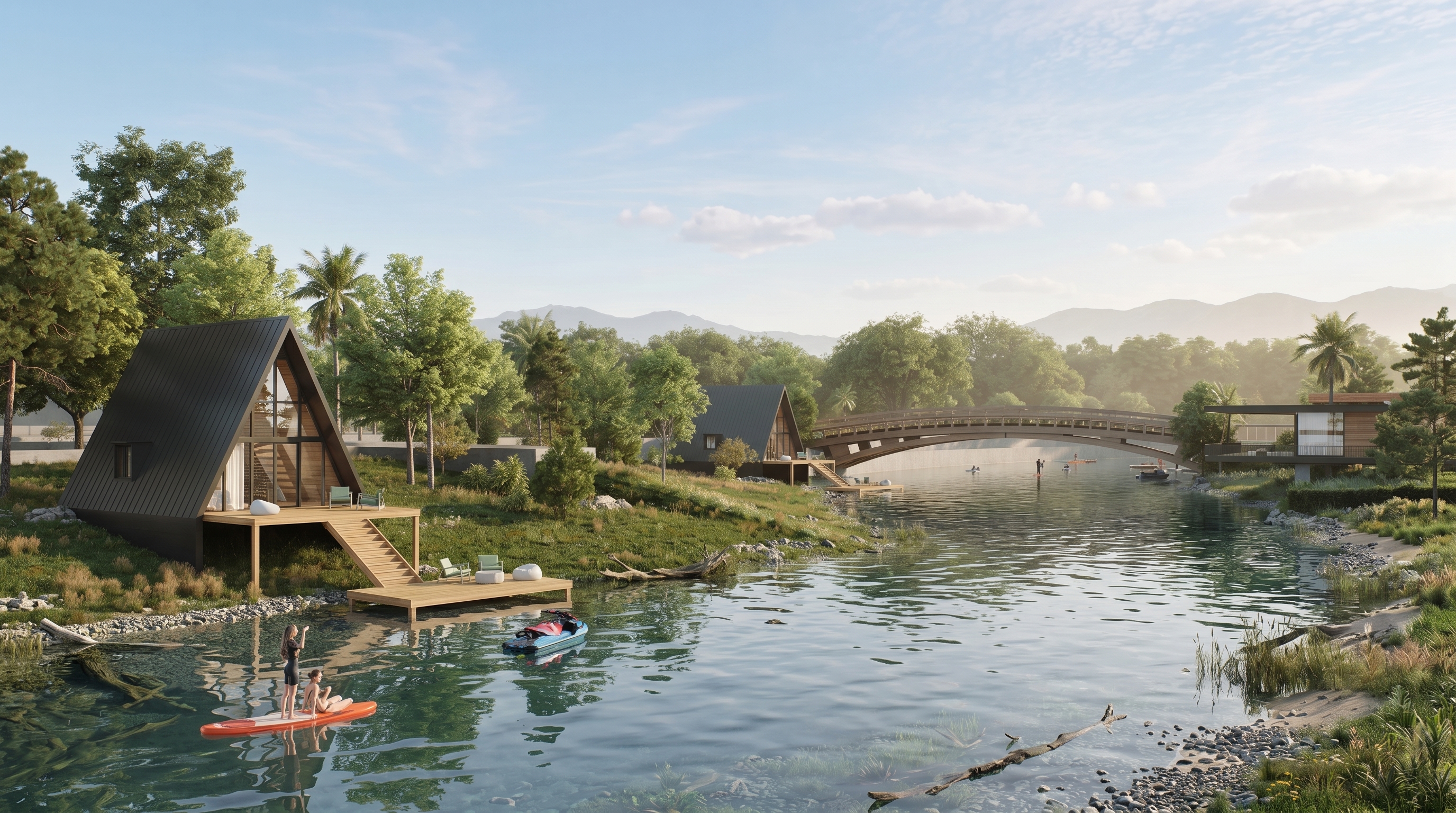 Lakefront cabins and bridge