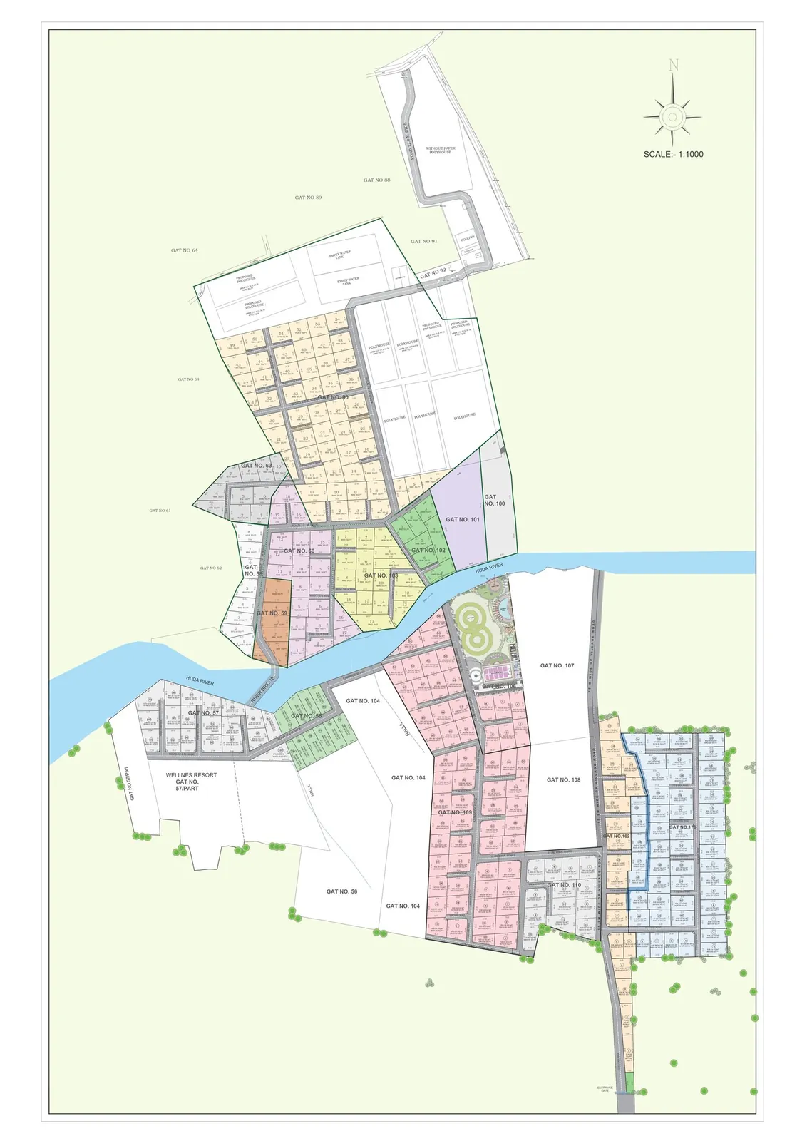 Lonavalley site layout plan at Kamshet showing demarcated villa plots, internal roads, amenities and the surrounding location near Shirota Dam, Lonavala