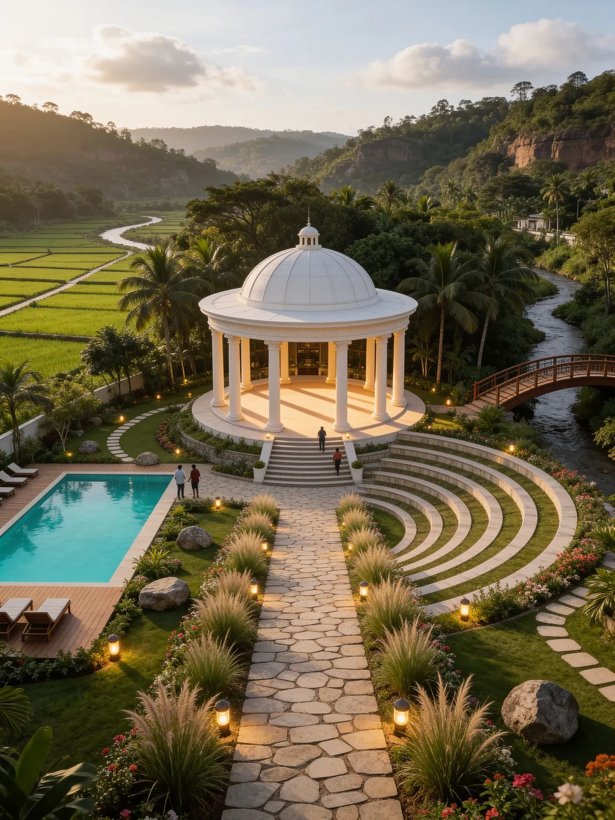 The pavilion and landscaped lawn at Lonavalley