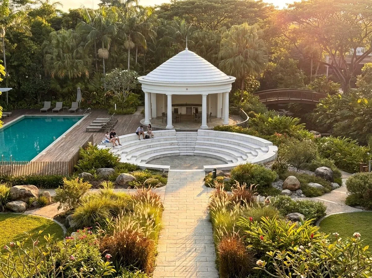 Palm-lined resort pool and pavilion at Lonavalley