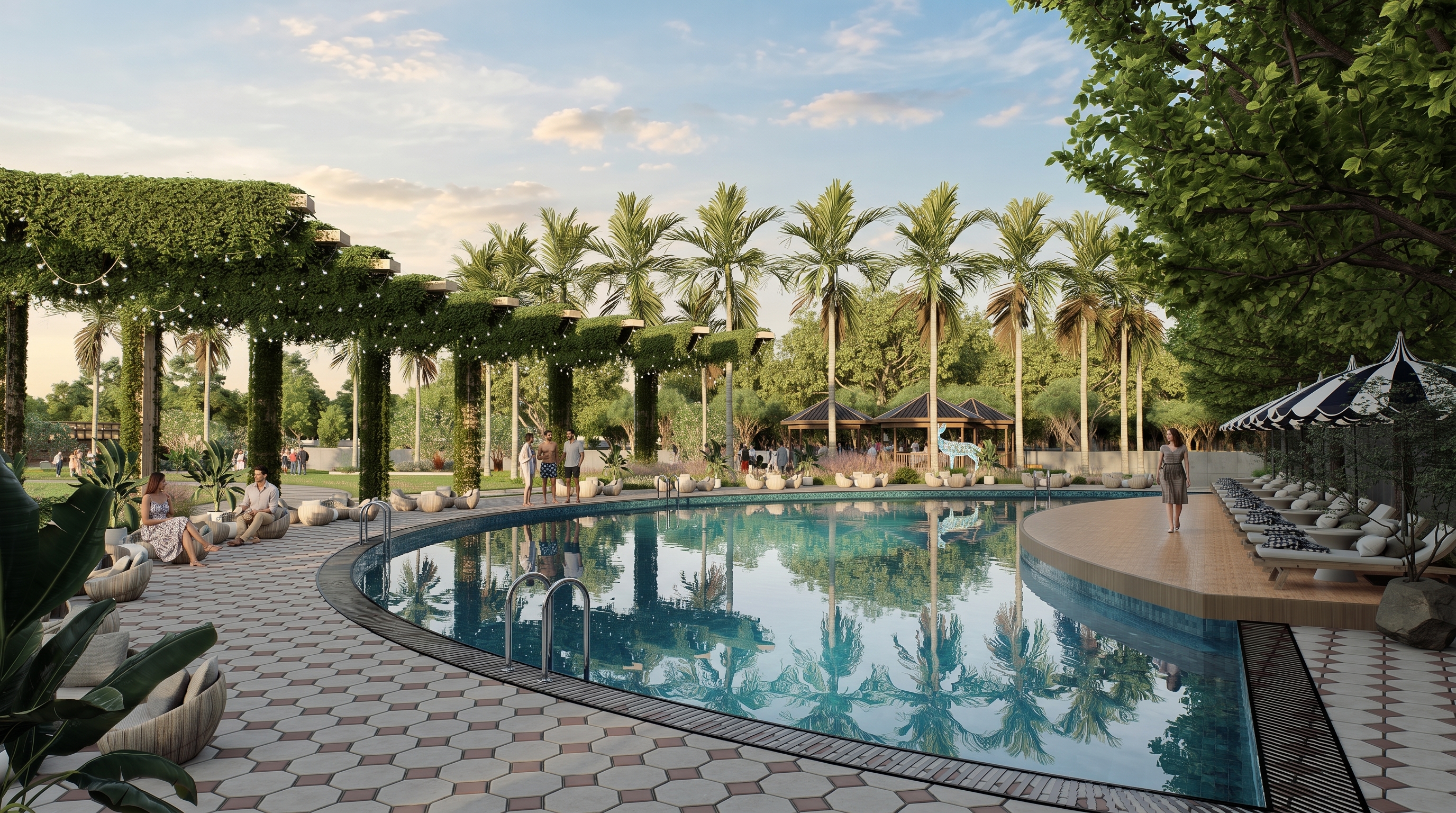 Resort-style community pool framed by palms at Lonavalley