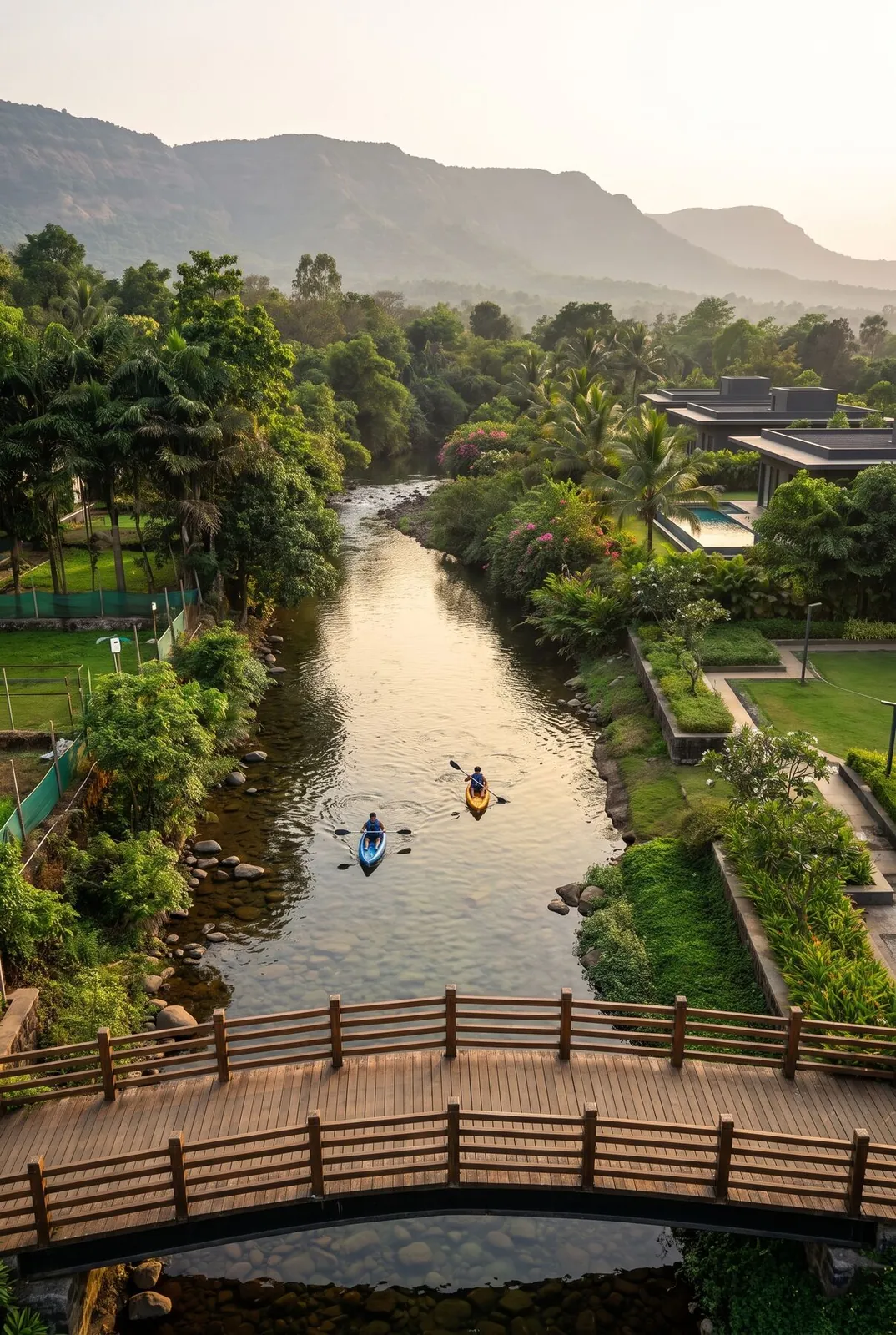 The riverfront promenade and boardwalk with kayaks at Lonavalley