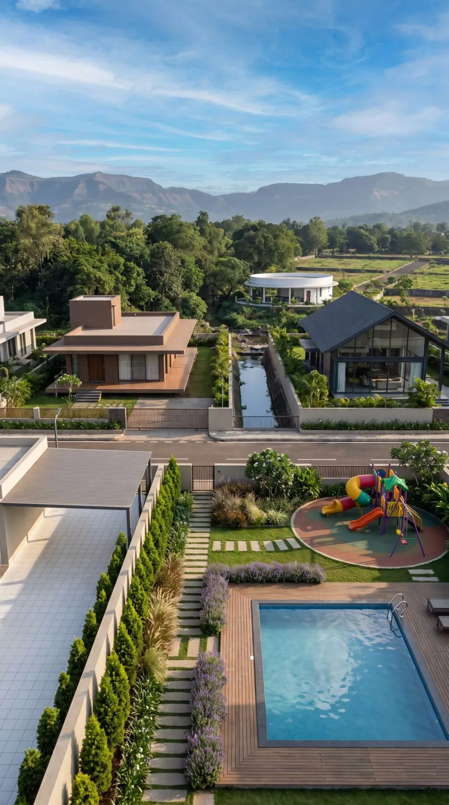 Aerial of the clubhouse and villas across Lonavalley