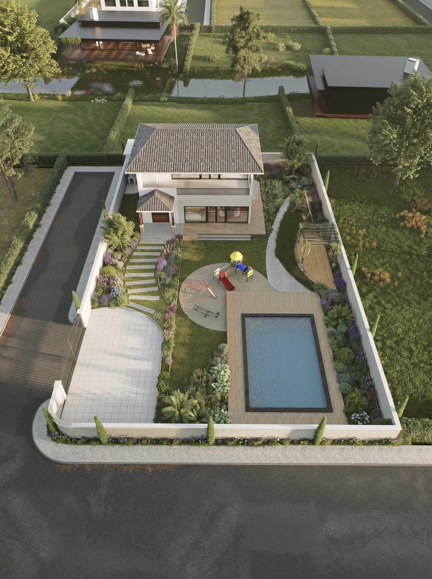 Aerial view of a villa plot with private pool