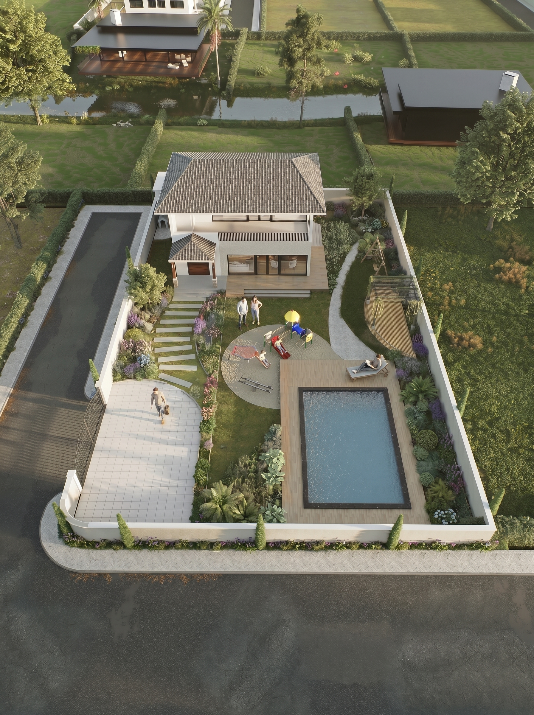 A family on their villa plot with pool and garden