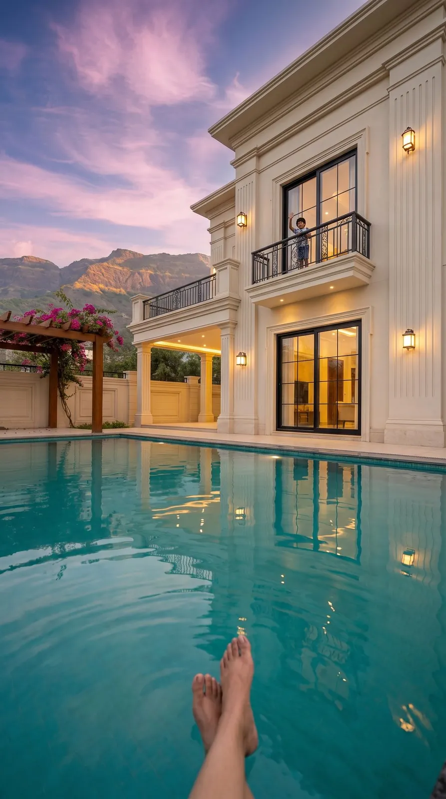 Infinity-edge villa pool at dusk overlooking the hills