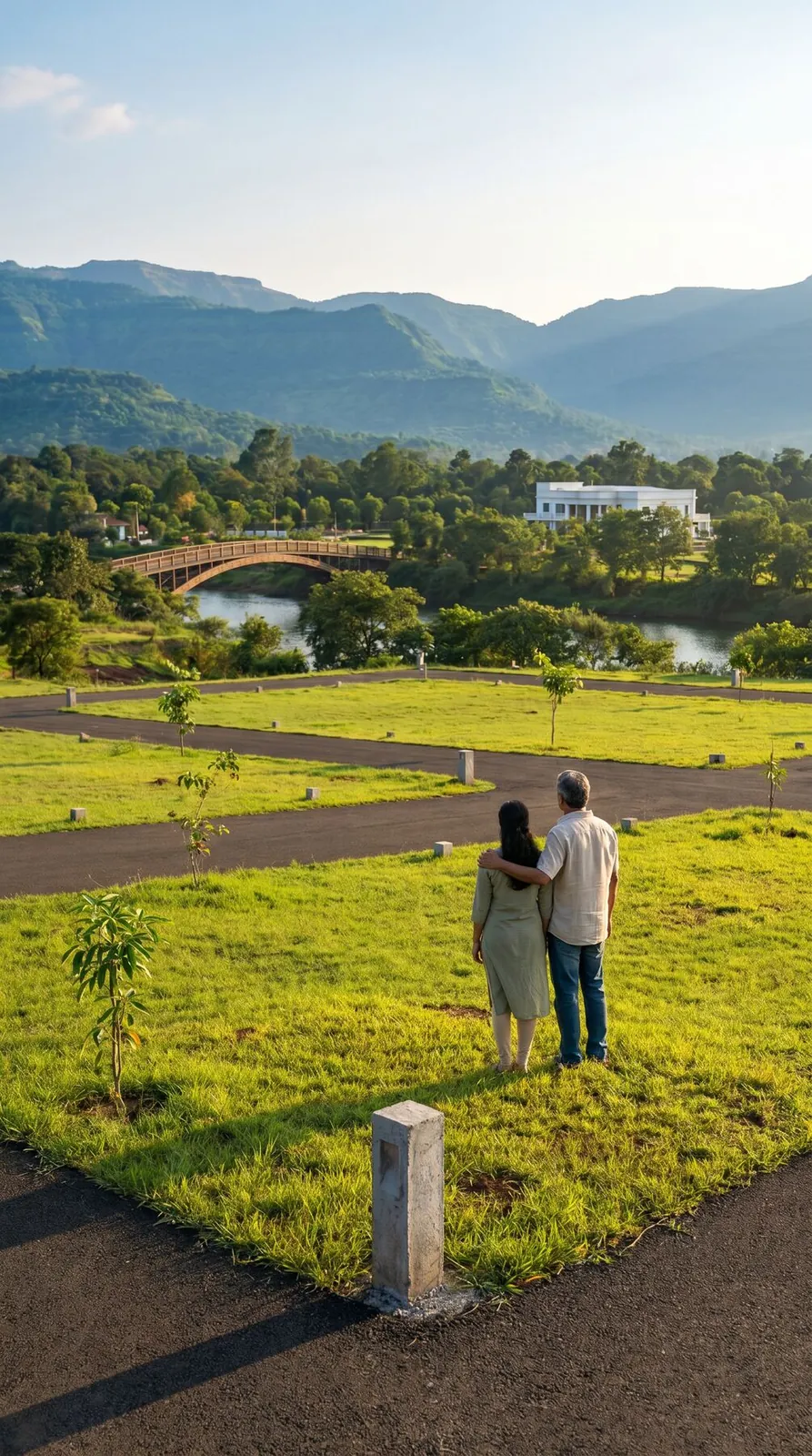A couple walking the land toward the hills at Lonavalley, Kamshet