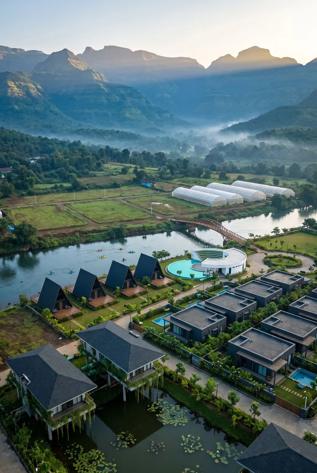 Waterfront villas below the Sahyadri hills at Lonavalley